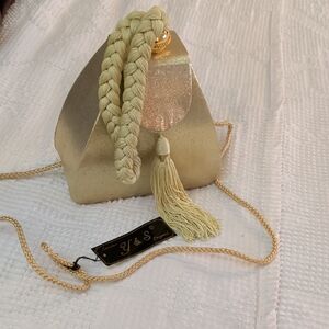 Y&S Handbags Cream Braided Tassel Evening Clutch with Gold Chain